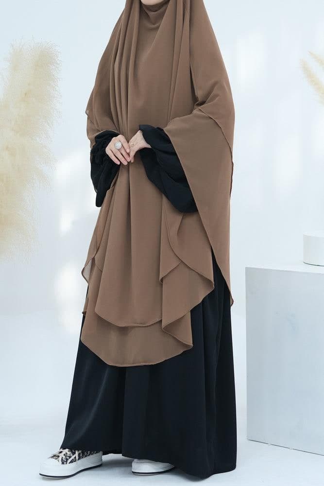 Extra Long Khaki Two-Layer Chiffon Khimar for Special Occasions
