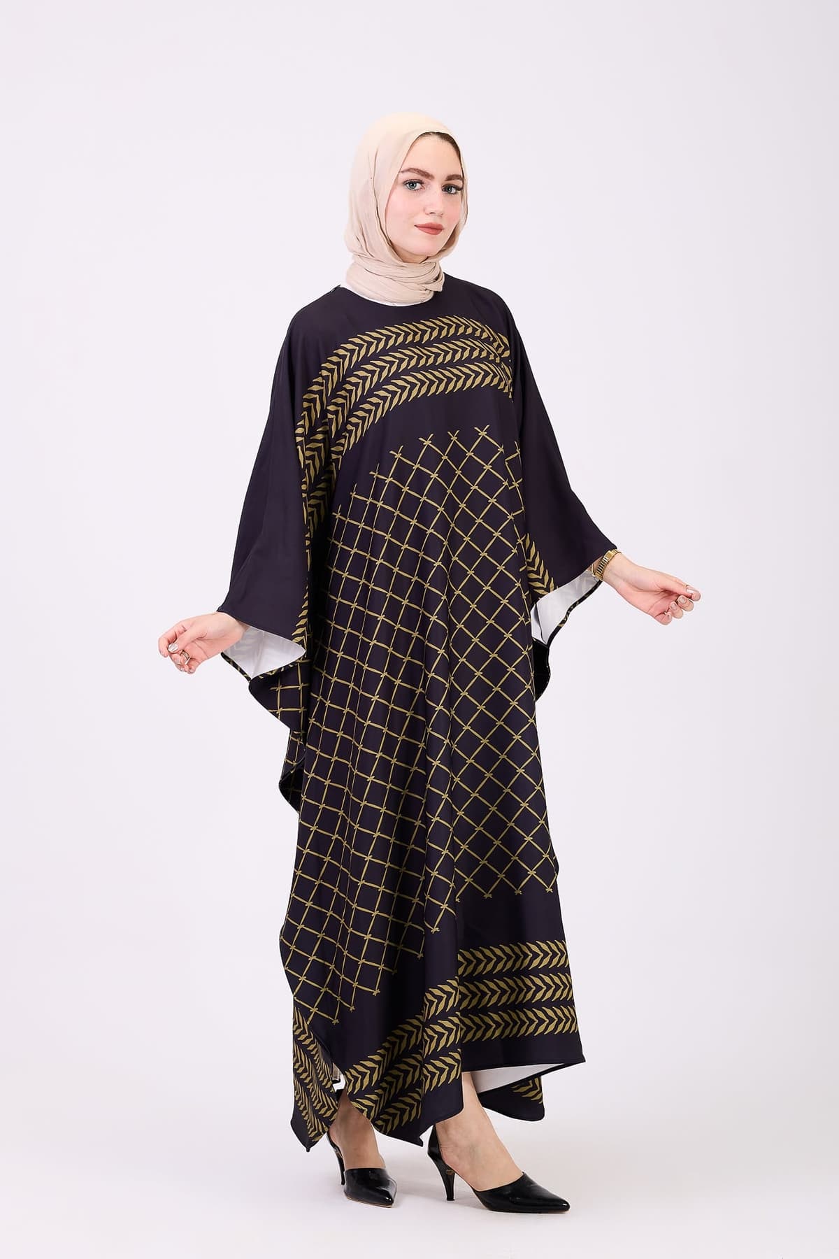 Modest geometric maxi dress front view