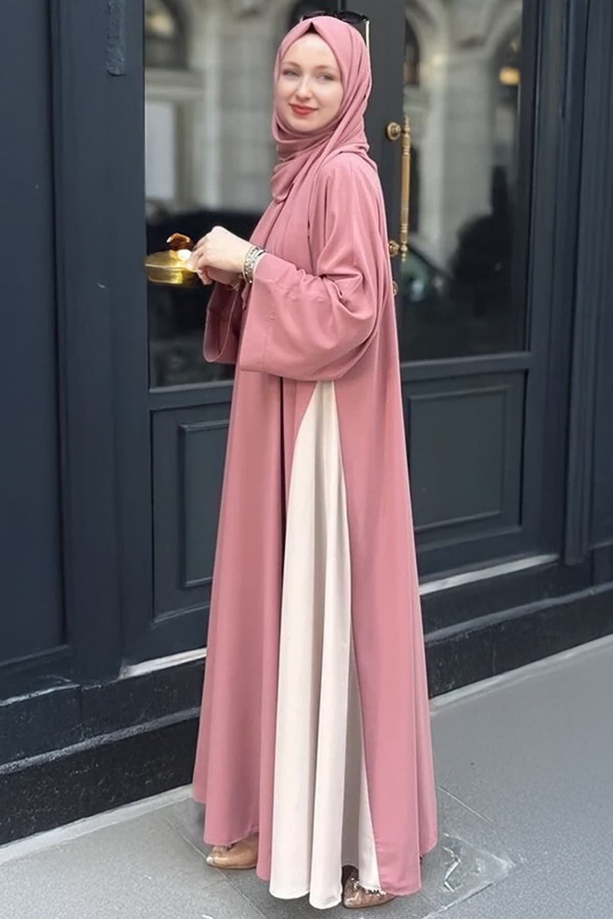 Side view of Rosewood-colored two-tone crepe Abaya