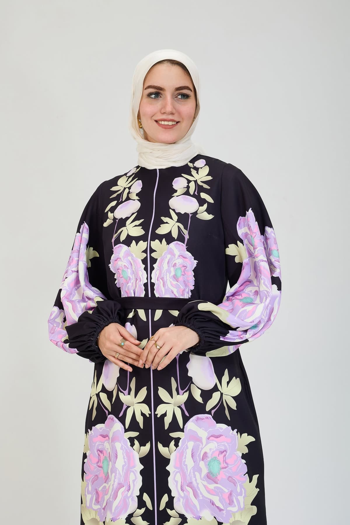 Floral Elegance Modesty Dress Flared Sleeves