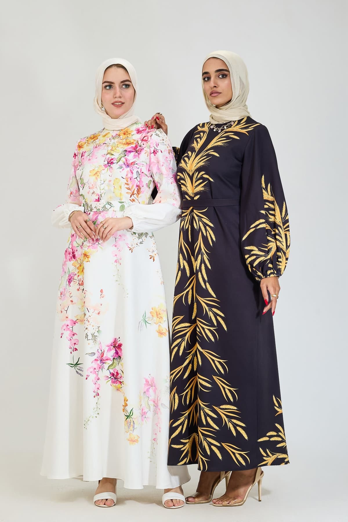 Model wearing golden leaf modesty dress, front view.
