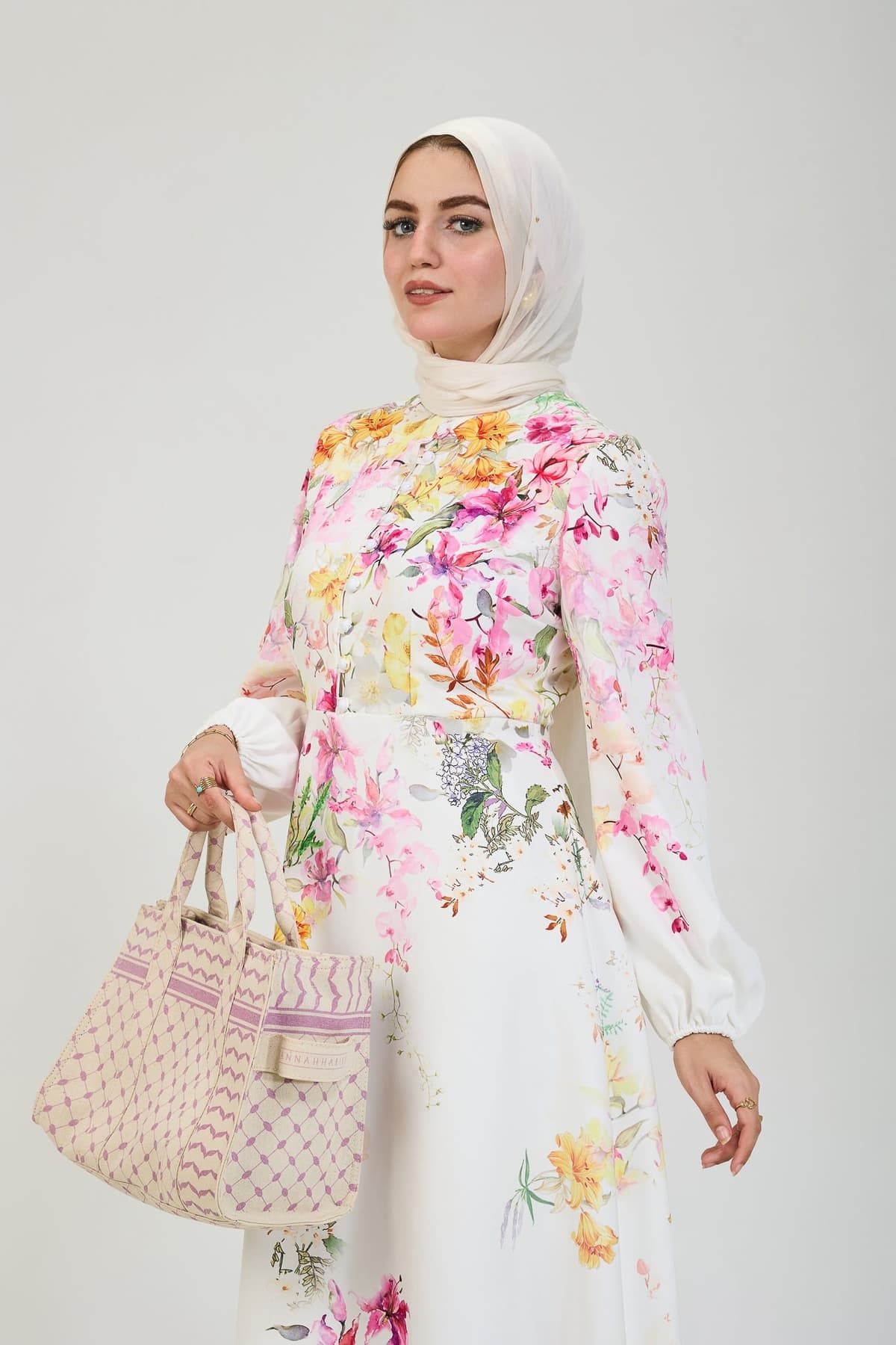 Bridal-inspired modesty dress in floral pattern