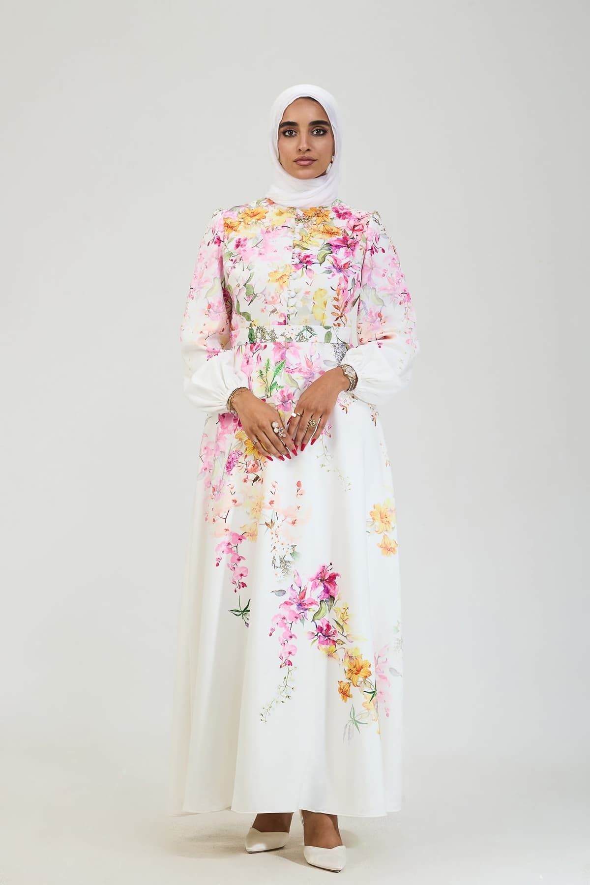 Detailed view of floral pattern on floral elegance modesty dress