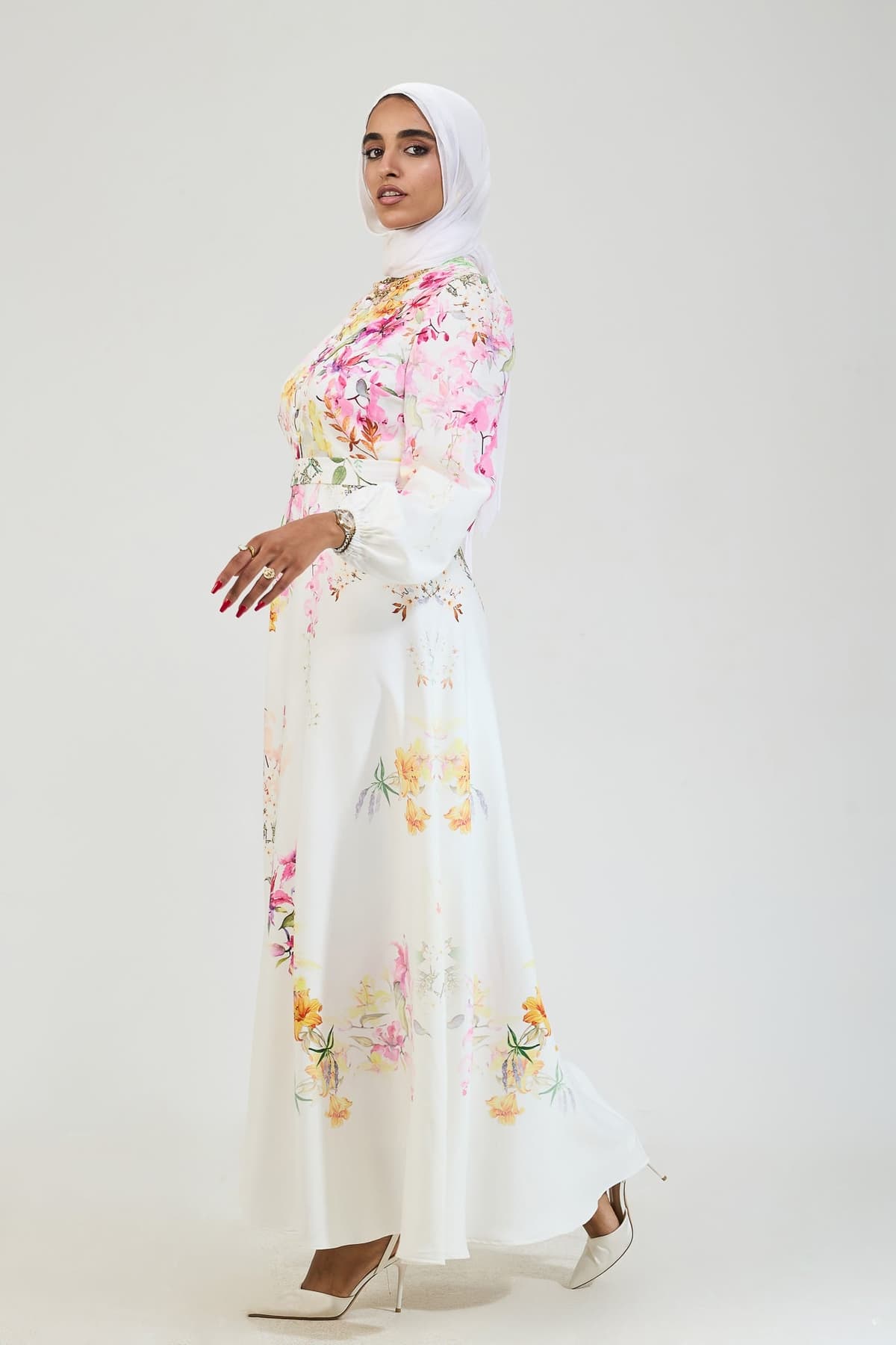 Side view of floral elegance modesty dress
