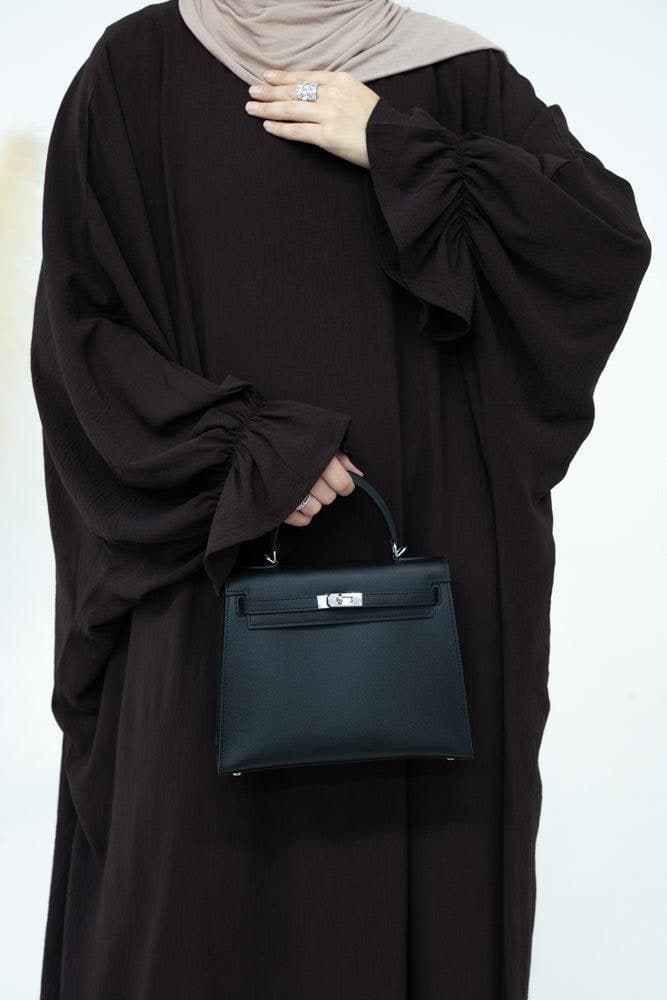 Radwa Batwing Abaya with Ruched Sleeve and Loose Cut in Dark Coffee, view 7