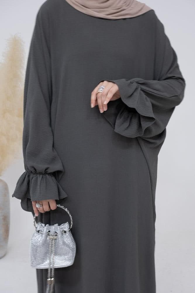 Radwa Batwing Abaya with Ruched Sleeve and Loose Cut in Dark Grey, view 10