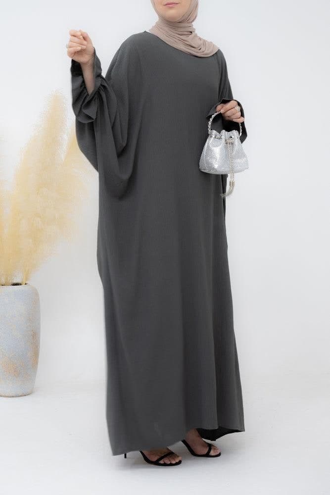 Radwa Batwing Abaya with Ruched Sleeve and Loose Cut in Dark Grey, view 5