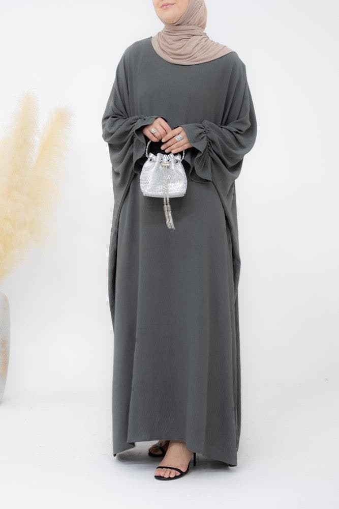 Radwa Batwing Abaya with Ruched Sleeve and Loose Cut in Dark Grey, view 3