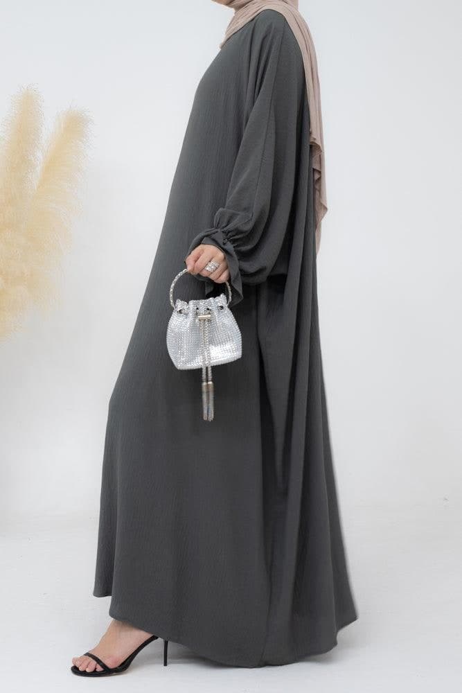 Radwa Batwing Abaya with Ruched Sleeve and Loose Cut in Dark Grey, view 6