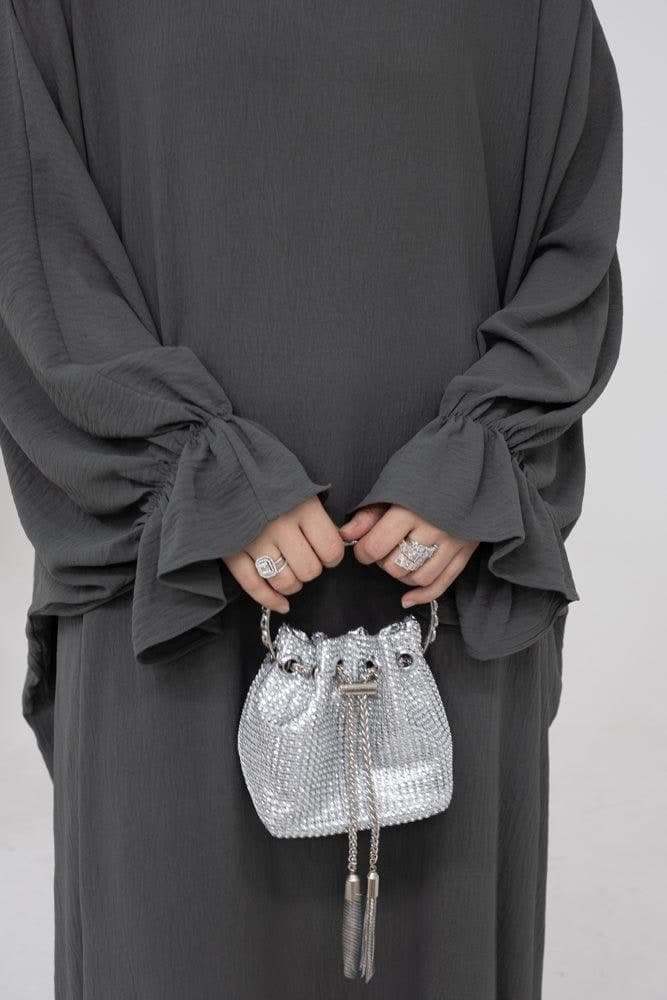 Radwa Batwing Abaya with Ruched Sleeve and Loose Cut in Dark Grey, view 9