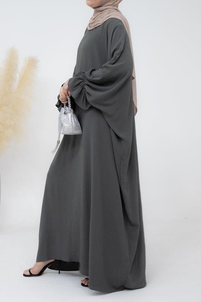 Radwa Batwing Abaya with Ruched Sleeve and Loose Cut in Dark Grey, view 7
