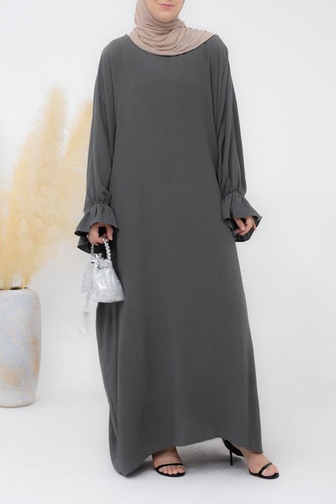 Radwa Batwing Abaya with Ruched Sleeve and Loose Cut in Dark Grey, view 4