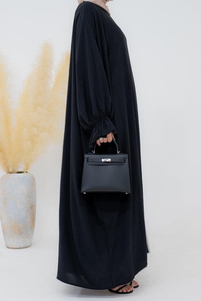 Radwa Batwing Abaya with Ruched Sleeve and Loose Cut in Black, view 4