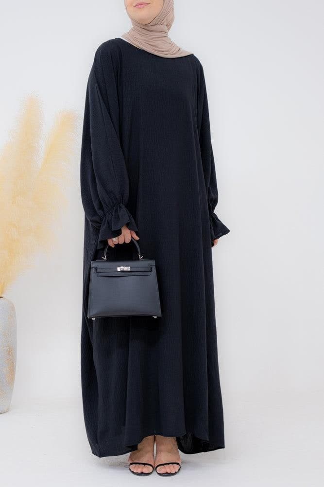 Radwa Batwing Abaya with Ruched Sleeve and Loose Cut in Black, view 6