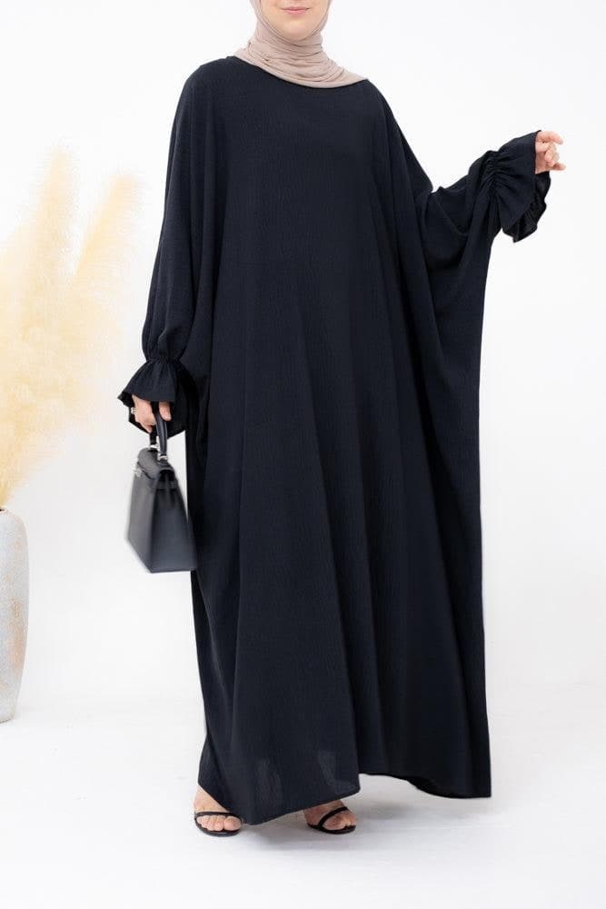 Radwa Batwing Abaya with Ruched Sleeve and Loose Cut in Black, view 3