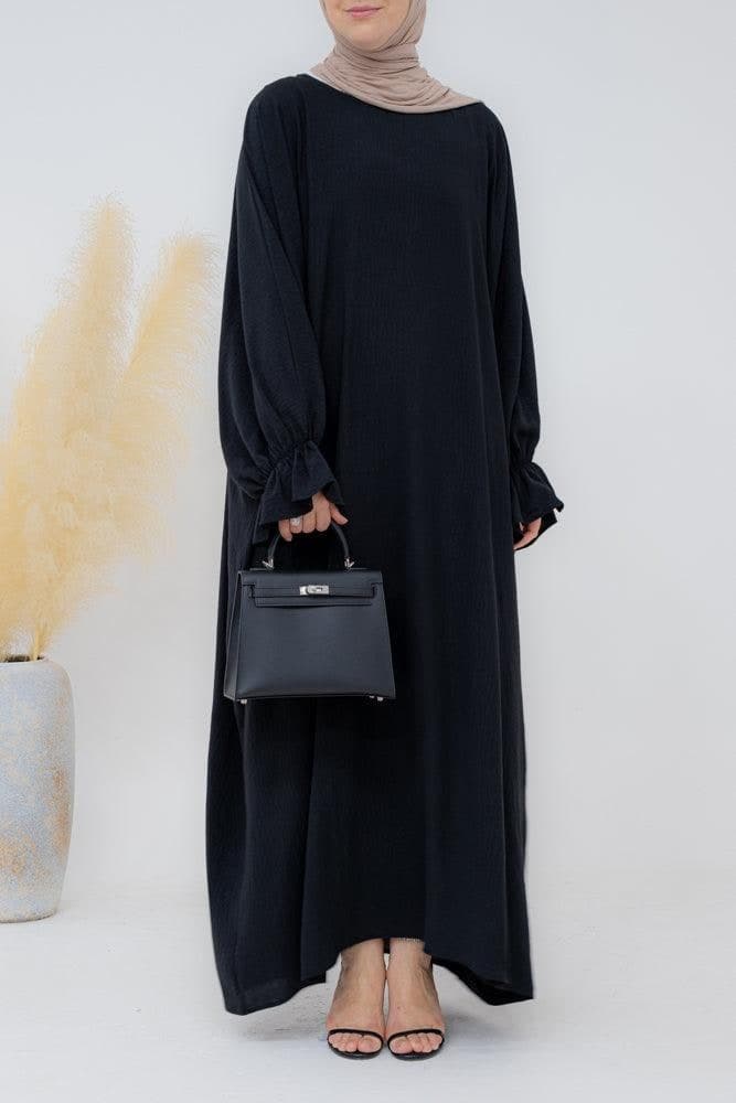 Radwa Batwing Abaya with Ruched Sleeve and Loose Cut in Black, view 5