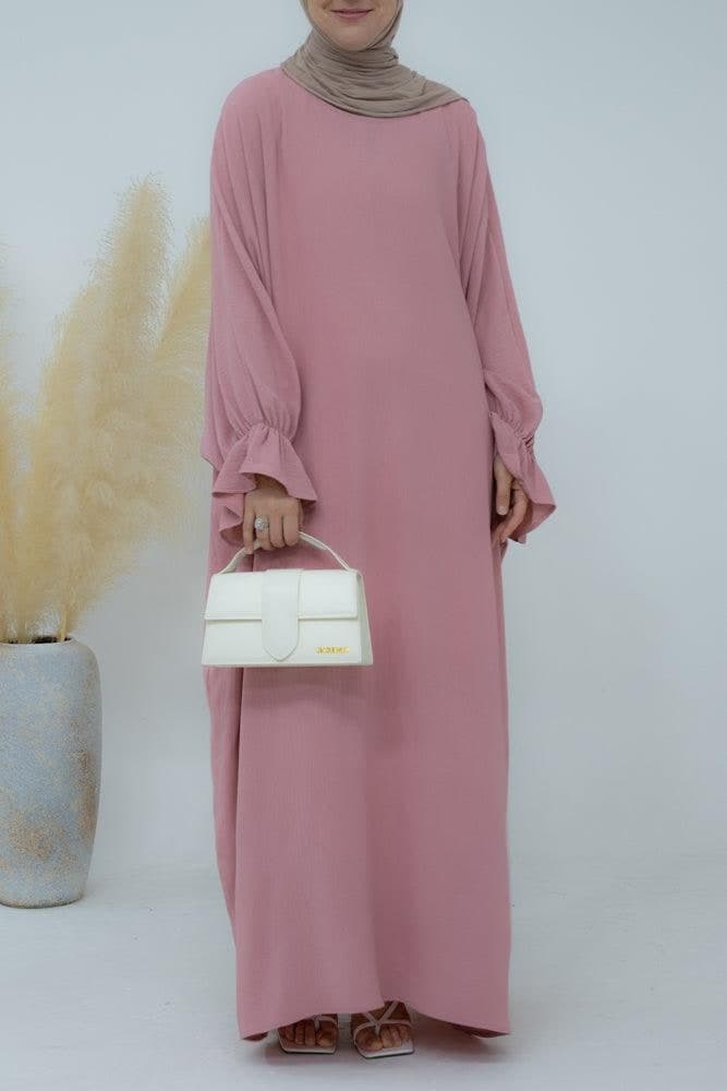 Radwa batwing abaya with ruched sleeve and loose cut in pink