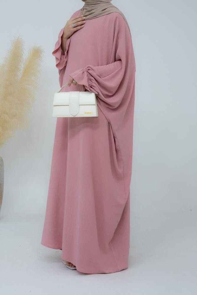 Radwa Batwing Abaya with Ruched Sleeve and Loose Cut in Pink, view 5