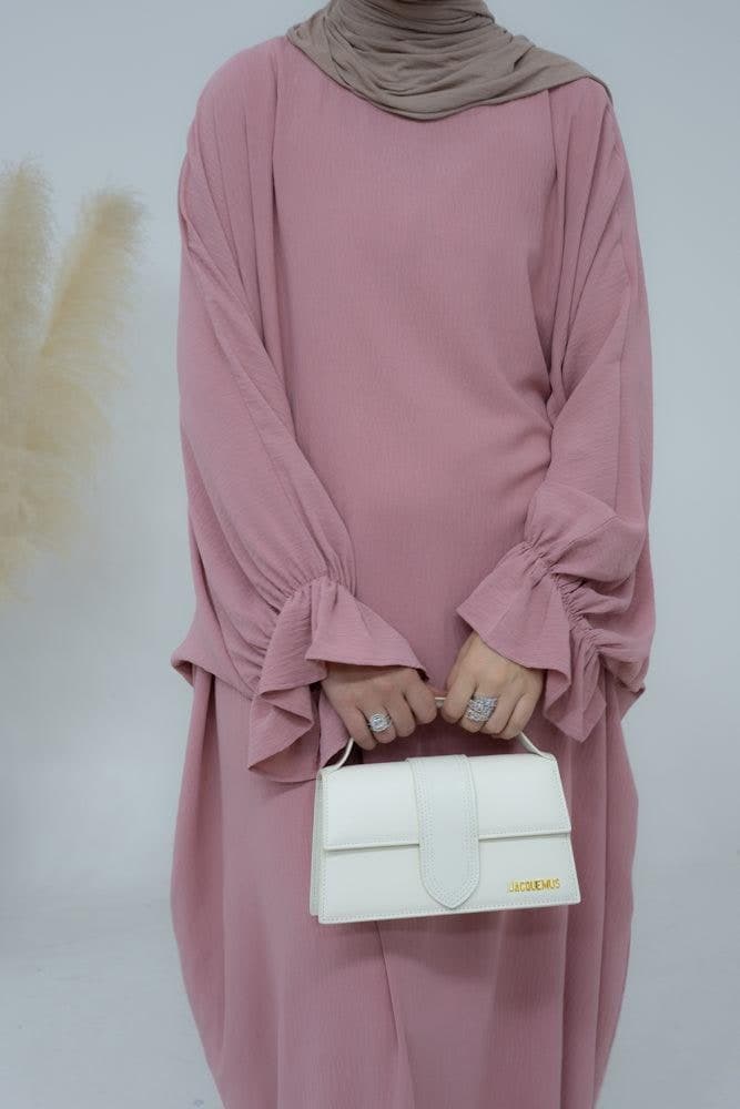 Radwa Batwing Abaya with Ruched Sleeve and Loose Cut in Pink, view 10
