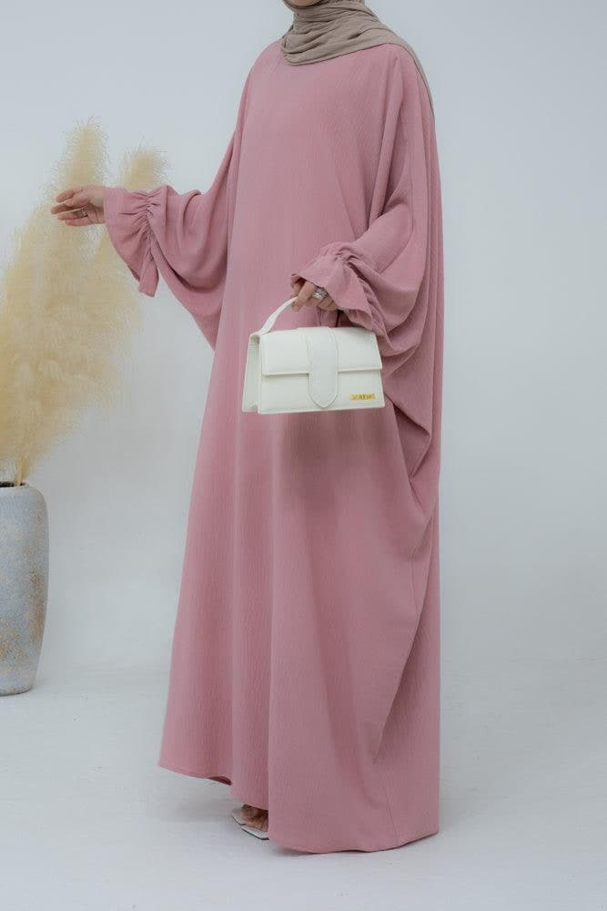 Radwa Batwing Abaya with Ruched Sleeve and Loose Cut in Pink, view 6