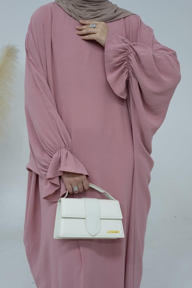 Radwa Batwing Abaya with Ruched Sleeve and Loose Cut in Pink, view 12