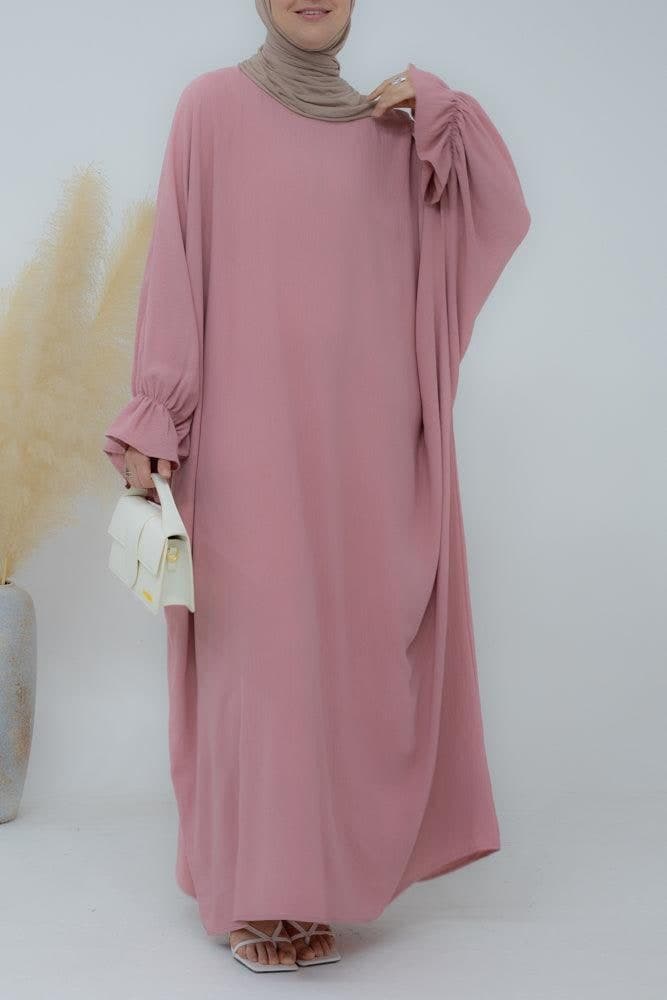 Radwa Batwing Abaya with Ruched Sleeve and Loose Cut in Pink, view 4