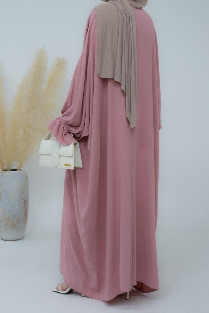 Radwa Batwing Abaya with Ruched Sleeve and Loose Cut in Pink, view 8