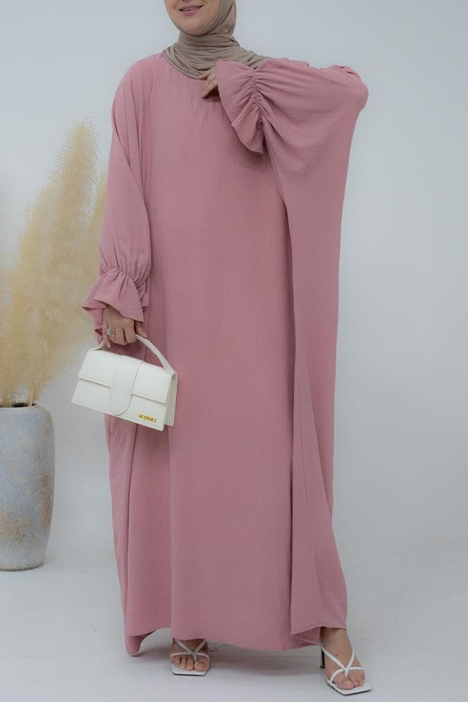 Radwa Batwing Abaya with Ruched Sleeve and Loose Cut in Pink, view 3