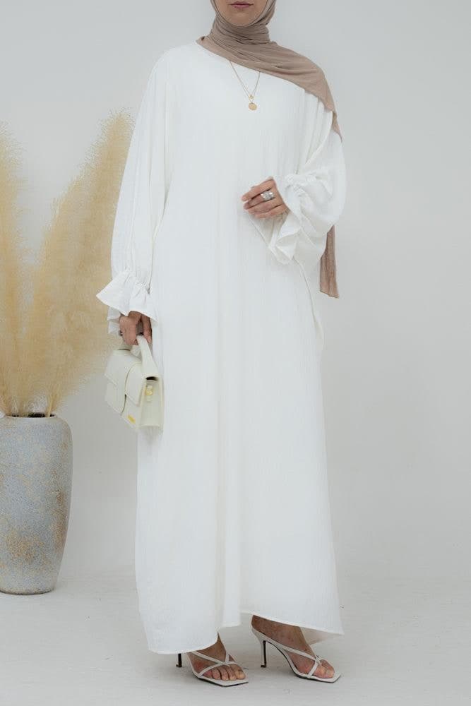 Radwa batwing abaya with ruched sleeve and loose cut in white - ANNAH HARIRI