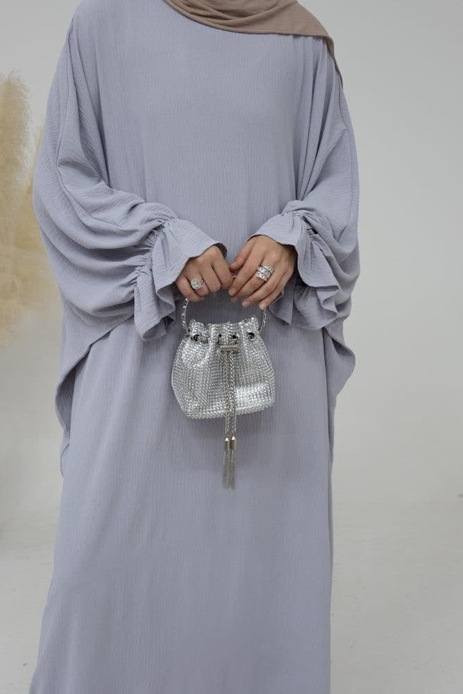 Radwa Batwing Abaya with Ruched Sleeve and Loose Cut in Light Grey, view 3