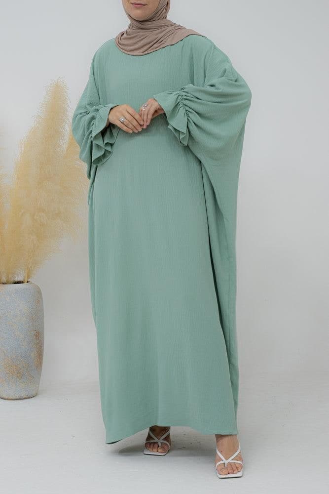 Radwa Batwing Abaya with Ruched Sleeve and Loose Cut in Mint Green, view 7