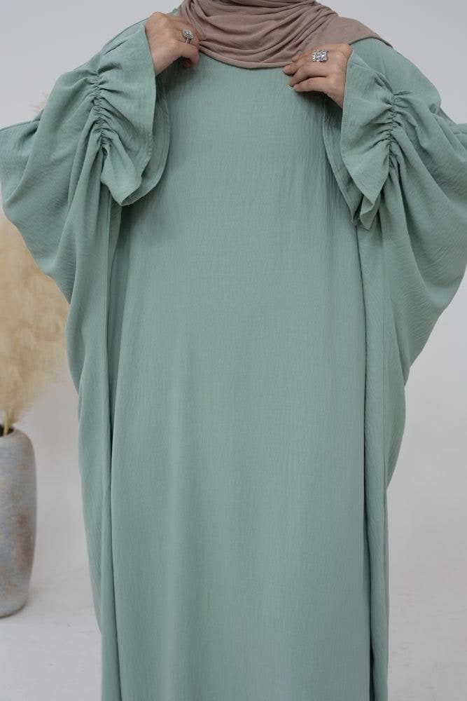 Radwa Batwing Abaya with Ruched Sleeve and Loose Cut in Mint Green, view 14