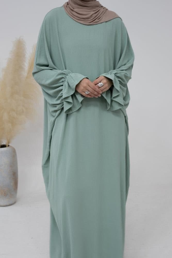 Radwa Batwing Abaya with Ruched Sleeve and Loose Cut in Mint Green, view 12