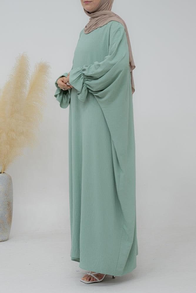 Radwa Batwing Abaya with Ruched Sleeve and Loose Cut in Mint Green, view 8