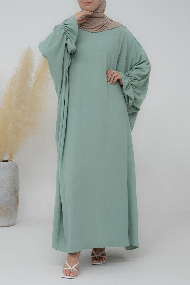 Radwa Batwing Abaya with Ruched Sleeve and Loose Cut in Mint Green, view 6