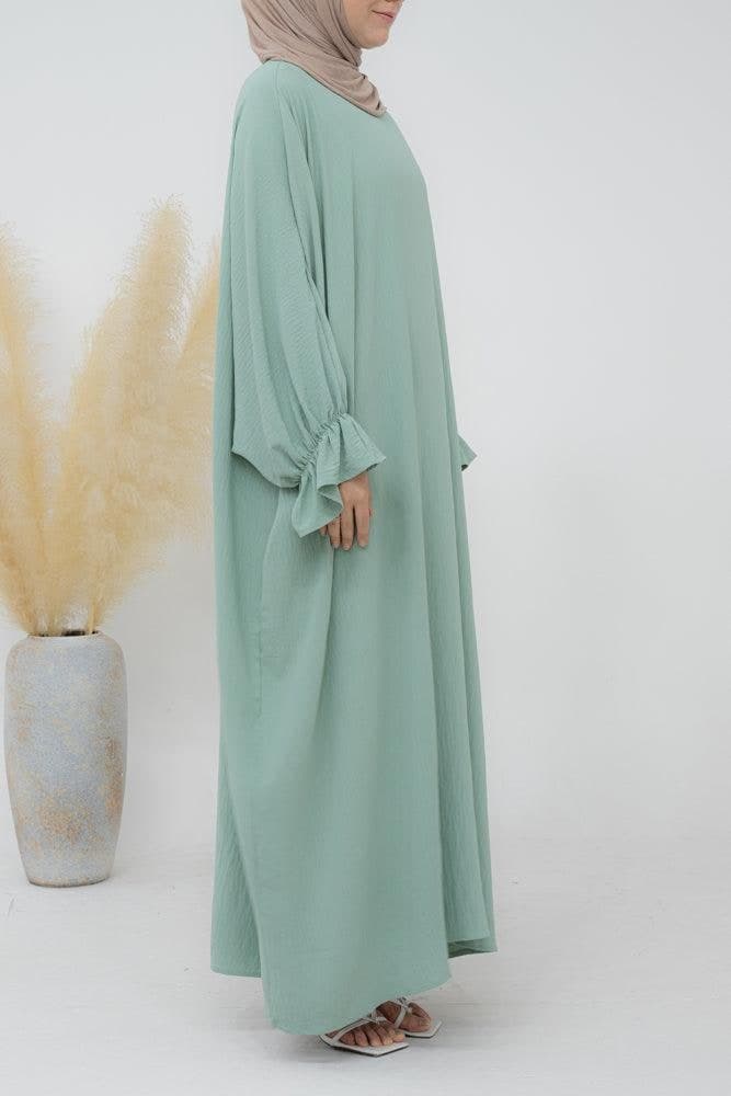 Radwa Batwing Abaya with Ruched Sleeve and Loose Cut in Mint Green, view 4