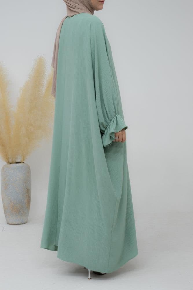 Radwa Batwing Abaya with Ruched Sleeve and Loose Cut in Mint Green, view 10