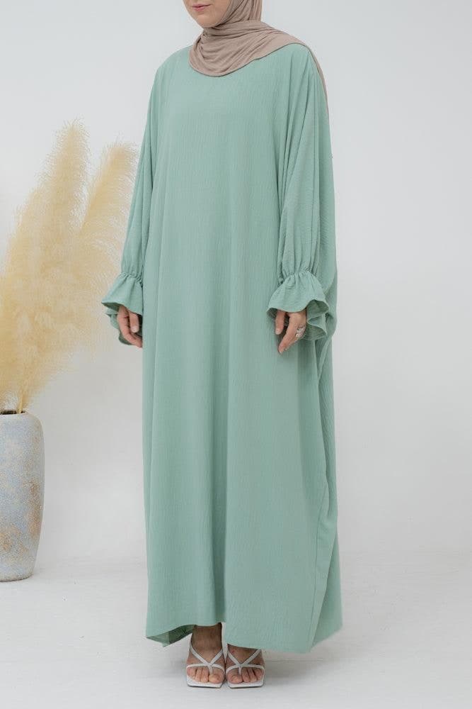 Radwa Batwing Abaya with Ruched Sleeve and Loose Cut in Mint Green, view 3