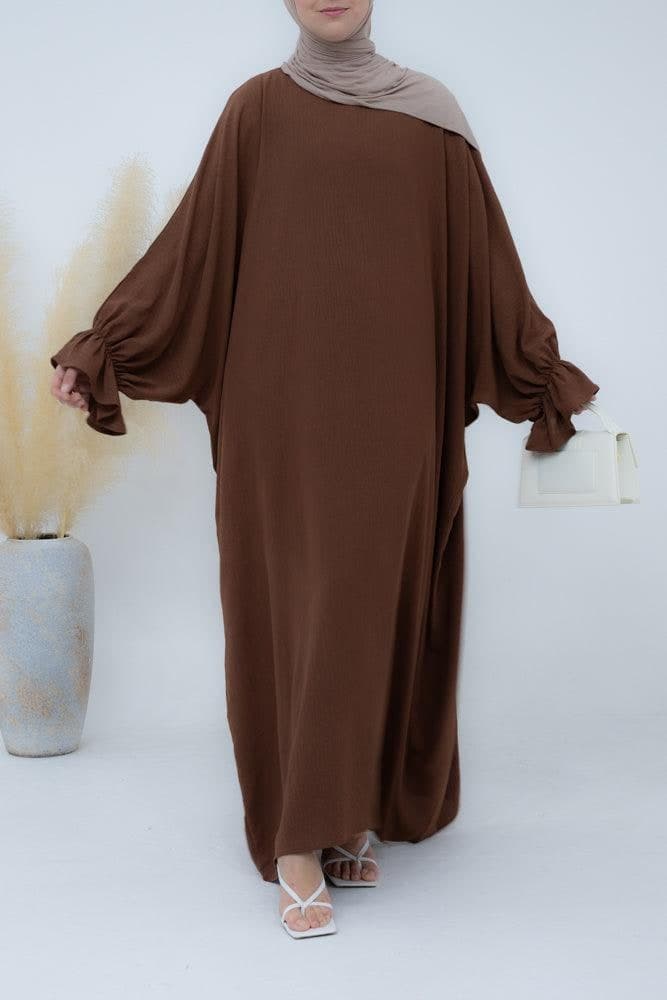 Radwa Batwing Abaya with Ruched Sleeve and Loose Cut in Coffee, view 9