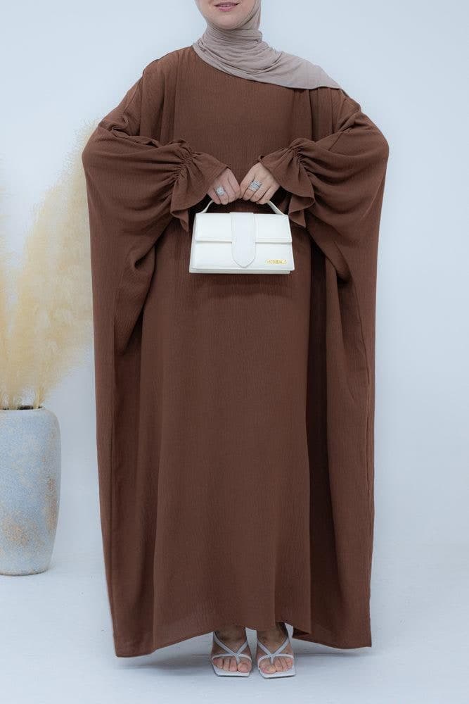 Radwa Batwing Abaya with Ruched Sleeve and Loose Cut in Coffee, view 3