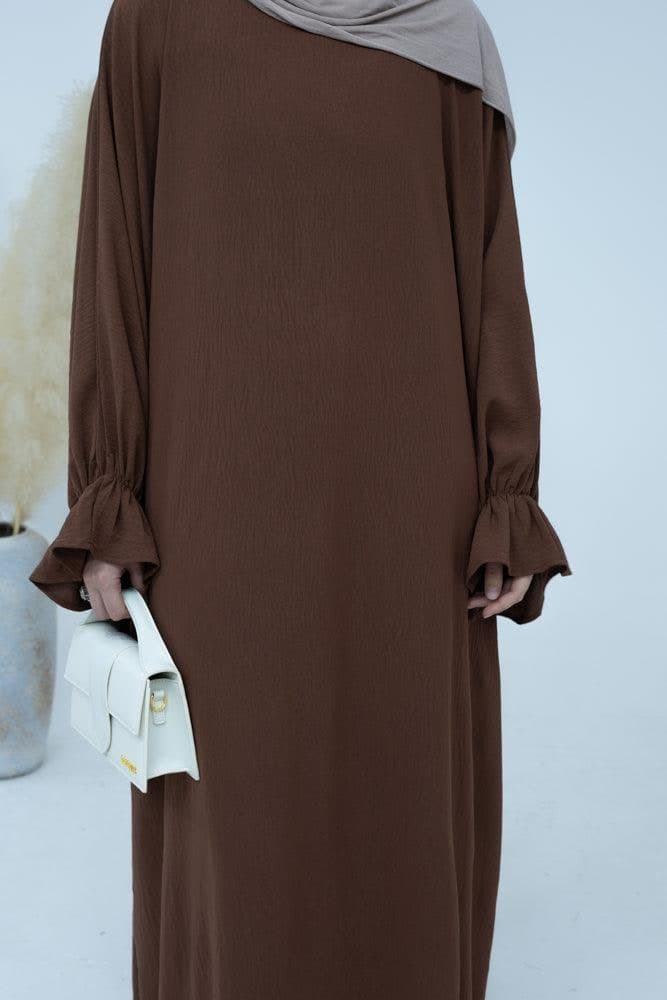 Radwa Batwing Abaya with Ruched Sleeve and Loose Cut in Coffee, view 13