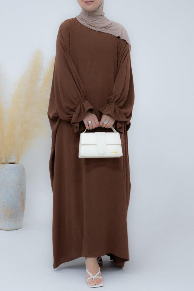 Radwa Batwing Abaya with Ruched Sleeve and Loose Cut in Coffee, view 5