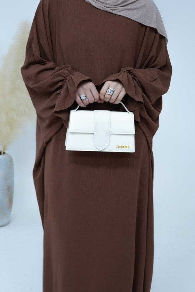 Radwa Batwing Abaya with Ruched Sleeve and Loose Cut in Coffee, view 12