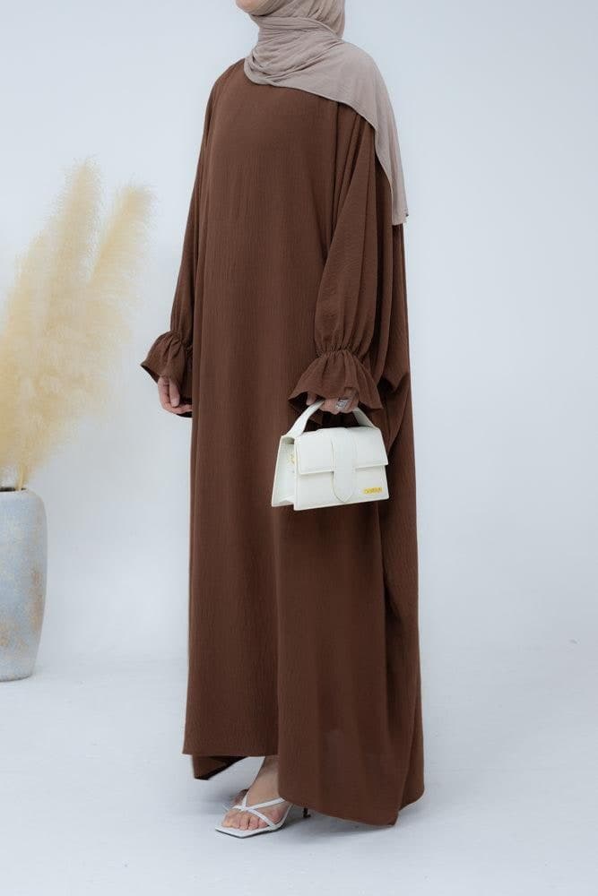 Radwa Batwing Abaya with Ruched Sleeve and Loose Cut in Coffee, view 8