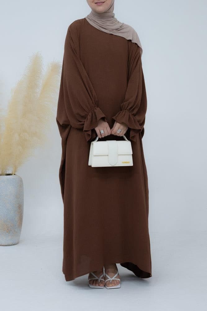 Radwa Batwing Abaya with Ruched Sleeve and Loose Cut in Coffee, view 4