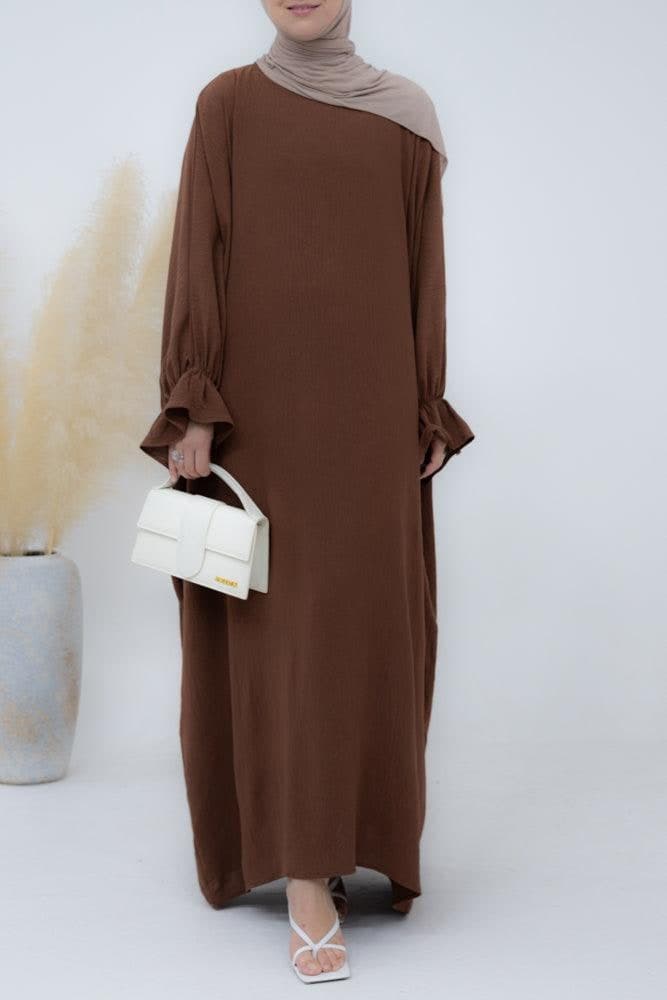 Radwa Batwing Abaya with Ruched Sleeve and Loose Cut in Coffee, view 6