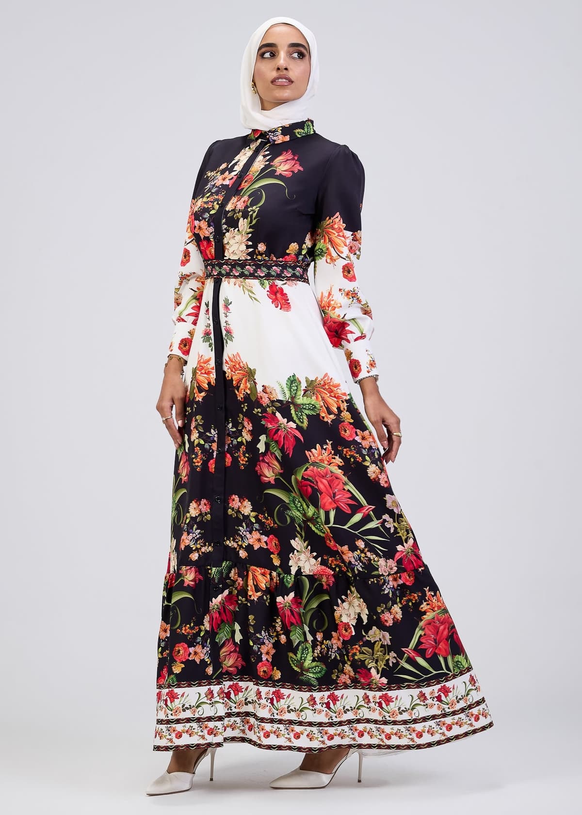 Collar detail of floral button-down modesty dress
