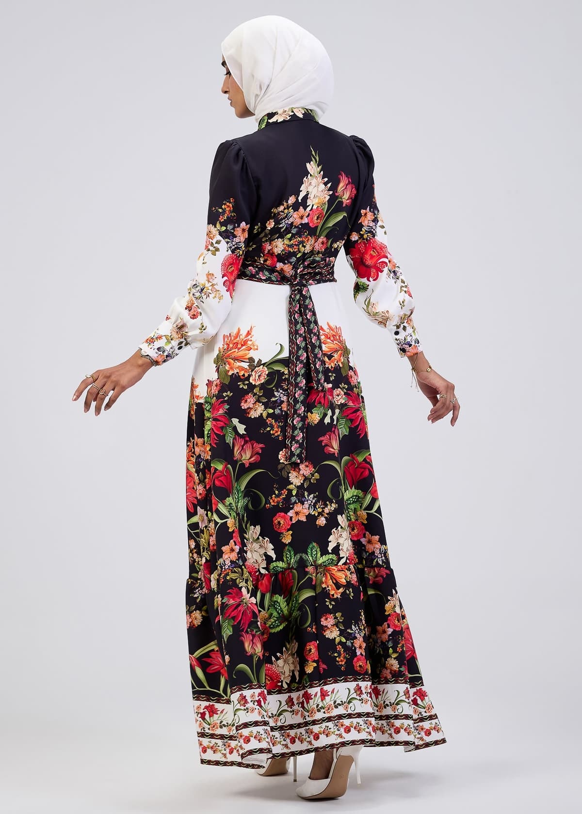 Full body front view of floral button-down modesty dress