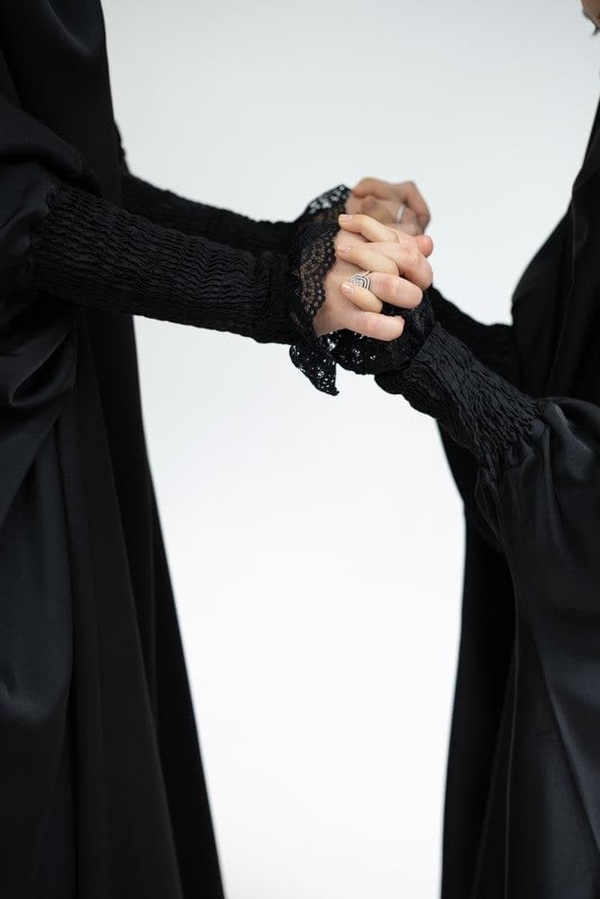 Little Gretaah Prayer Gown for Kids in Khimar Style with Ribbed Sleeve Cuff in Black, view 8