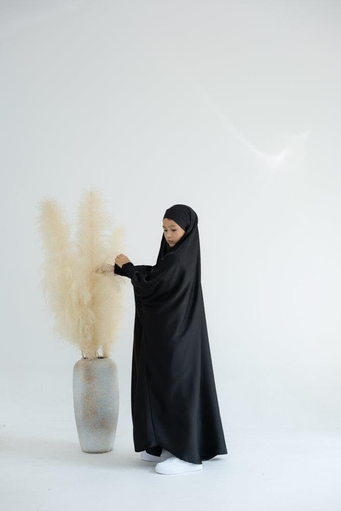 Little Gretaah Prayer Gown for Kids in Khimar Style with Ribbed Sleeve Cuff in Black, view 3